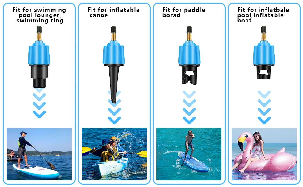 Inflatable SUP Pump Adaptor Air Pump Converter with 4 Standards Conventional Air Valve Attachment for Inflatable Boat, Stand Up Paddle Board,Kayak Dinghy, Inflatable Bed Blue - paddle board accessories