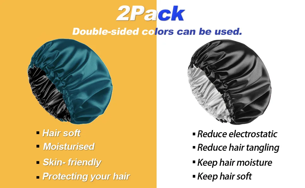 2PCS Satin Bonnet Sleep Bonnet Cap - Extra Large, Double Layer, Reversible, Adjustable Satin Cap for Sleeping Hair Bonnet Dark Blue Green - Black - product information 3