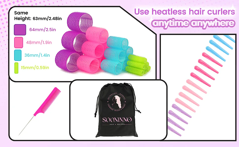 Hair Rollers Curlers Set 38 Pcs Perfect for Long Medium Short Hair, 4 Sizes Self Grip Velcro Rollers Heatless Styling Tools with Large Storage Bag, Duckbill Clips - hair rollers curlers for long velcro styling tools & appliances for short heatless for medium hair