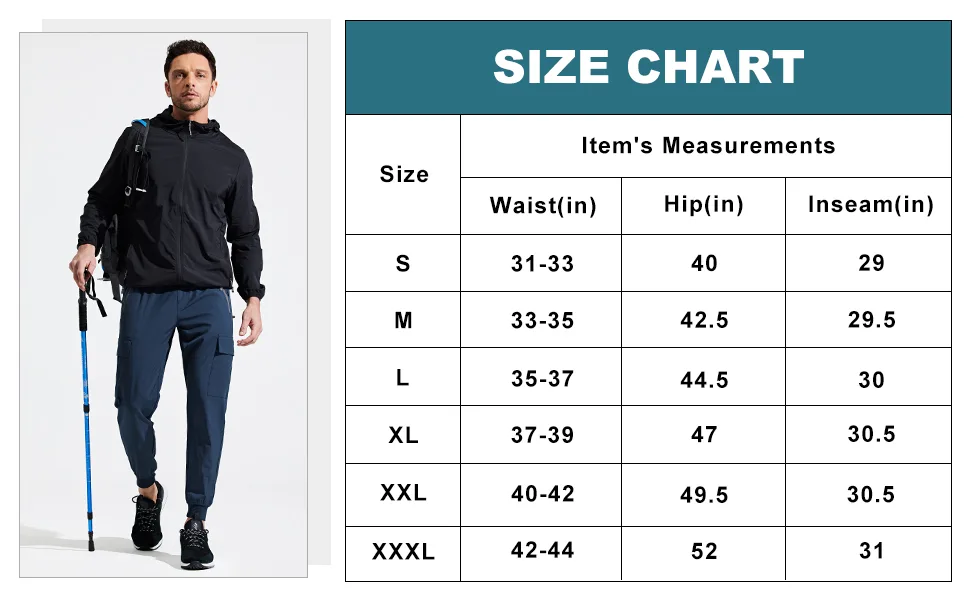 Libin Men's Lightweight Joggers Quick Dry Cargo Hiking Pants Track Running Workout Athletic Travel Golf Casual Outdoor Pants Black Medium - SIZE CHART