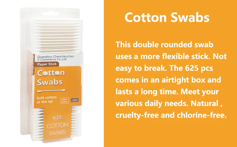 Cotton Swabs with Paper Sticks 625ct, Biodegradable Double Tipped Cotton Buds for Beauty& Personal Care 625pcs - product information 2