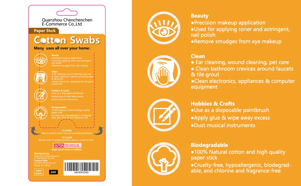 Cotton Swabs with Paper Sticks 625ct, Biodegradable Double Tipped Cotton Buds for Beauty& Personal Care 625pcs - product information 3