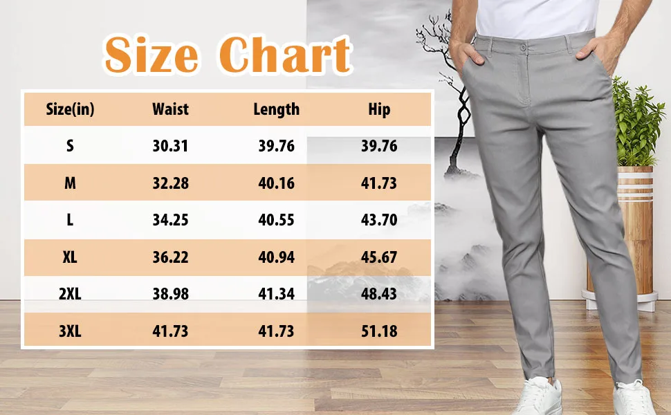 Angbater Men's Stretch Comfort Golf Pants Slim Fit Lightweight Outdoor Work Casual Trousers with Pockets X-Large Black - Size Chart