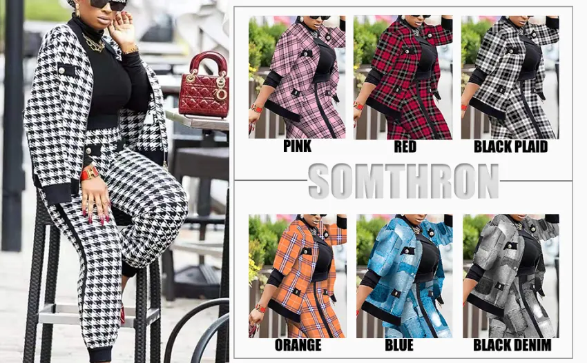 SOMTHRON Womens Houndstooth Print 2 Piece Outfit Zip Up Long Sleeve Jacket Long Pants Set Work Suits Tracksuit X-Large Black - product information 10