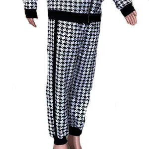 SOMTHRON Womens Houndstooth Print 2 Piece Outfit Zip Up Long Sleeve Jacket Long Pants Set Work Suits Tracksuit X-Large Black - product information 14