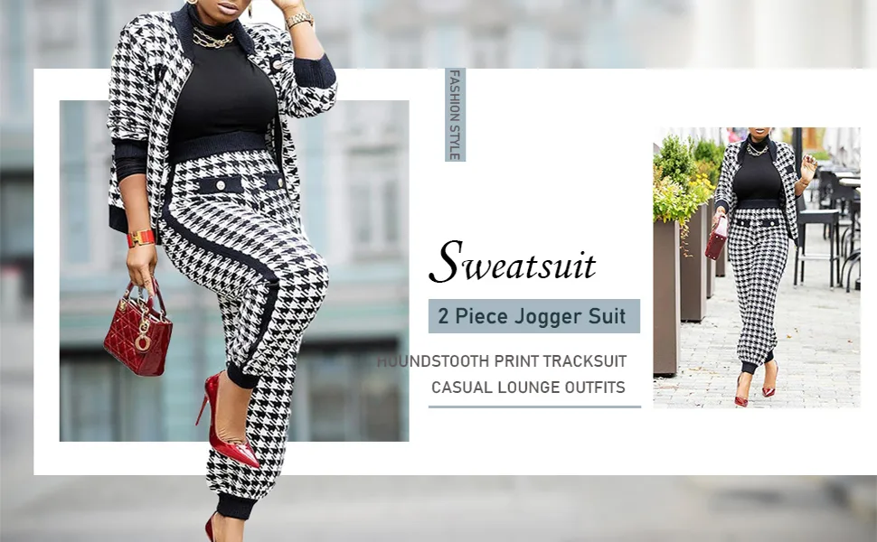 SOMTHRON Womens Houndstooth Print 2 Piece Outfit Zip Up Long Sleeve Jacket Long Pants Set Work Suits Tracksuit X-Large Black - product information 7