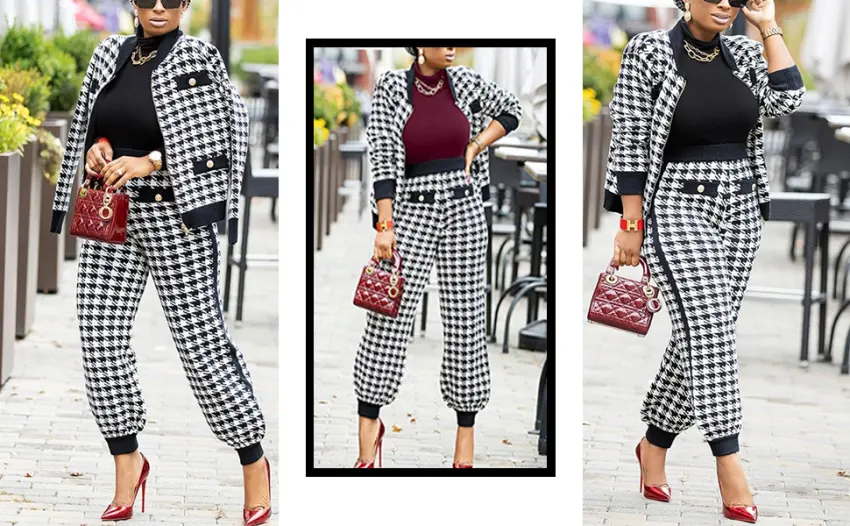 SOMTHRON Womens Houndstooth Print 2 Piece Outfit Zip Up Long Sleeve Jacket Long Pants Set Work Suits Tracksuit X-Large Black - product information 9