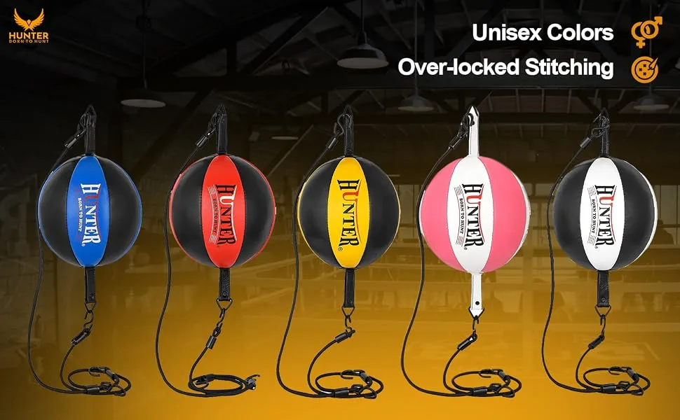 HUNTER Double End Speed Ball Bag Cowhide Leather Boxing Floor to Ceiling Rope MMA Training Muay Thai Punching Dodge Striking... White & Pink - Double End Speed Bag