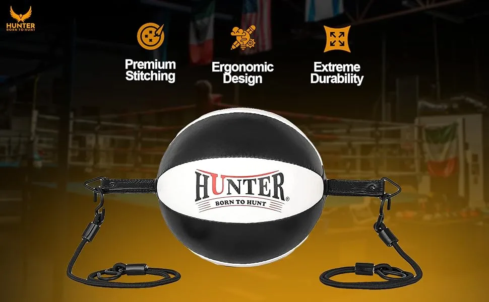 HUNTER Double End Speed Ball Bag Cowhide Leather Boxing Floor to Ceiling Rope MMA Training Muay Thai Punching Dodge Striking... White & Pink - Double End Speed bag