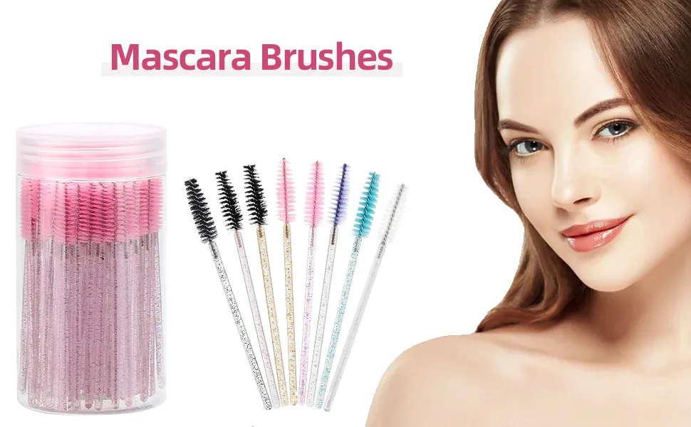 100 Pcs Disposable Mascara Wands, Crystal Eyebrow Spoolies Brush for Eyelash Extensions, Pink Lash Brushes with Container - Disposable Eyelash Spoolies