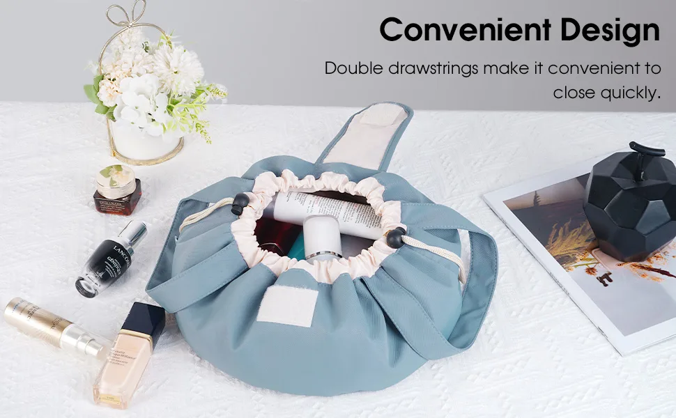 Barrel Drawstring Makeup Bag Large Cosmetic Bag Toiletry Organizer for Women and Girls (Blue Leaf) - product information 4