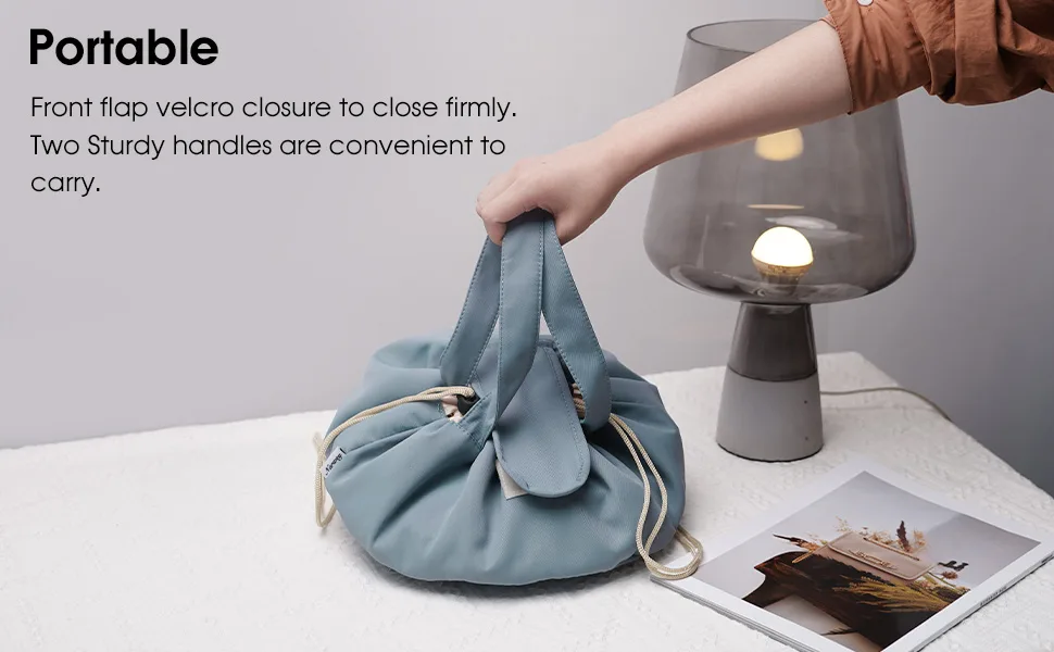 Barrel Drawstring Makeup Bag Large Cosmetic Bag Toiletry Organizer for Women and Girls (Blue Leaf) - product information 5