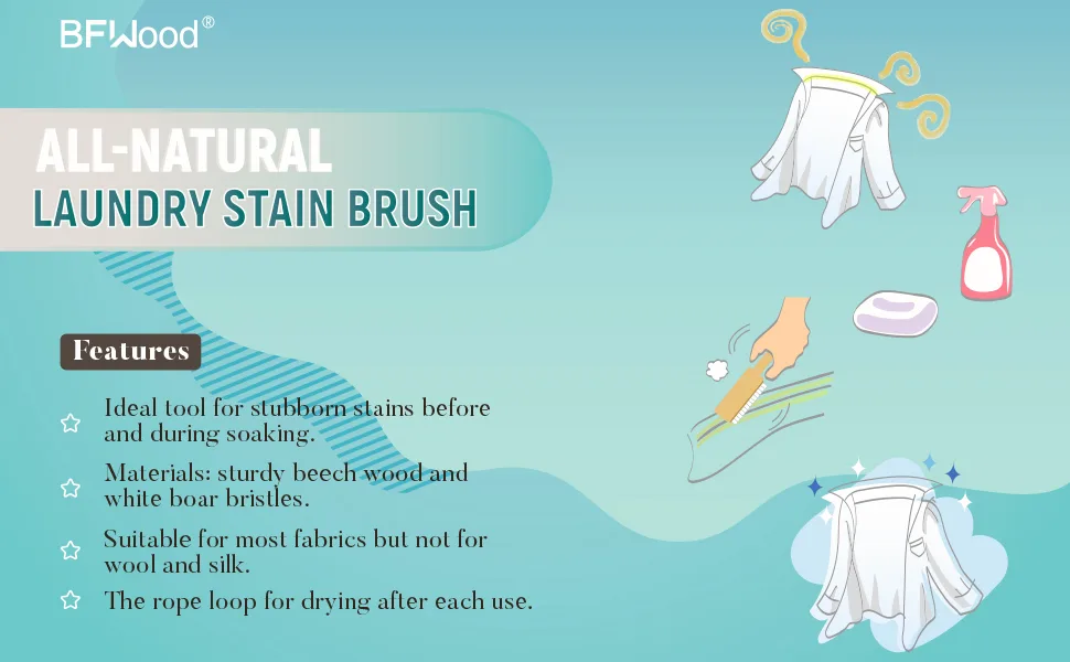 BFWood Laundry Stain Brush, Natural Soft Boar Bristle for Scrubbing Out Tough Stains on Delicate Fabrics, Knits, Cotton, Linens, No Damage - Laundry Stain Brush
