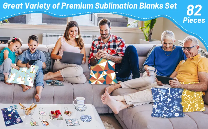 82 PCS Sublimation Blanks Products Set, Modacraft DIY Sublimation Starter Kit with 20 Car Coasters, 12 Keychains, 8 Earrings, 4 Mouse Pads, 3 Pillow Covers, 3 Puzzles 82PCS - product information 1