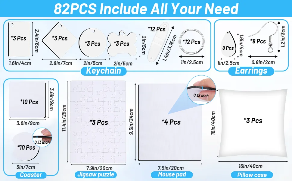 82 PCS Sublimation Blanks Products Set, Modacraft DIY Sublimation Starter Kit with 20 Car Coasters, 12 Keychains, 8 Earrings, 4 Mouse Pads, 3 Pillow Covers, 3 Puzzles 82PCS - product information 2