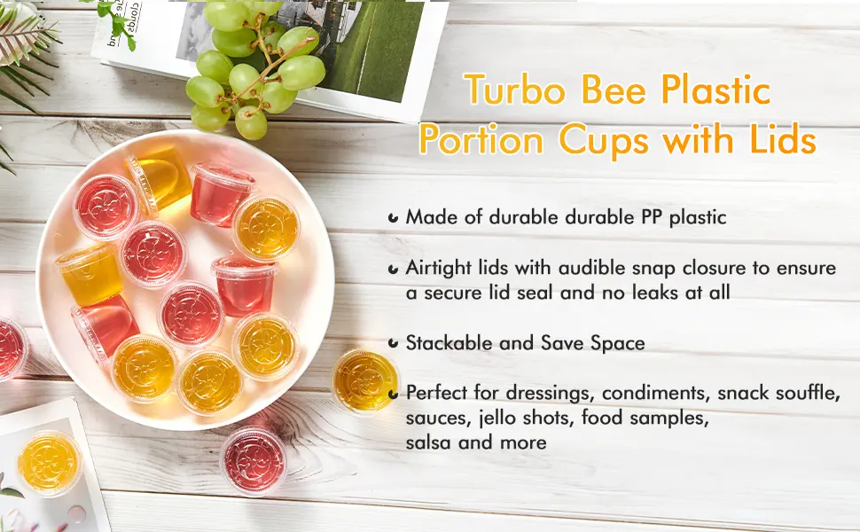Turbo Bee 200 Sets 1oz Portion Cups with Lids,Jello Shot Cups with Lids, Small Plastic Condiment Containers for Sauce,Souffle Cups 1oz-pc-200 - 100pack 1oz portion cups