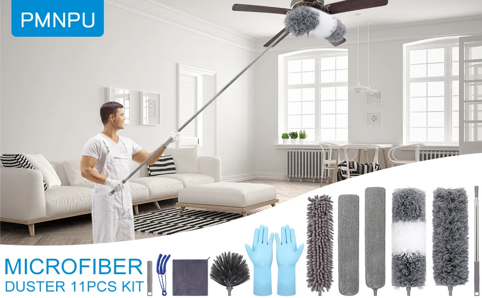 Microfiber Feather Duster (11pcs), Extendable Dusters for Cleaning with 100" Extension Pole, Washable Dusters, Reusable Bendable Dusters for Cleaning Ceiling Fan, High Ceiling, TV, Blinds, Cars - duster