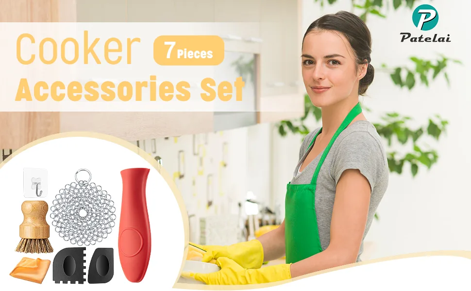 7 Pieces Cast Iron Cleaner Set Include Stainless Steel Chainmail Scrubber with Bamboo Dish Scrub Brush Hot Handle Holder 2 Pan Grill Scrapers Kitchen Towel Wall Hook - product information 1