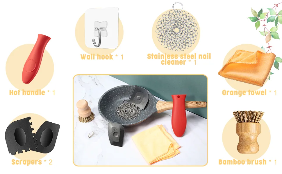 7 Pieces Cast Iron Cleaner Set Include Stainless Steel Chainmail Scrubber with Bamboo Dish Scrub Brush Hot Handle Holder 2 Pan Grill Scrapers Kitchen Towel Wall Hook - product information 2