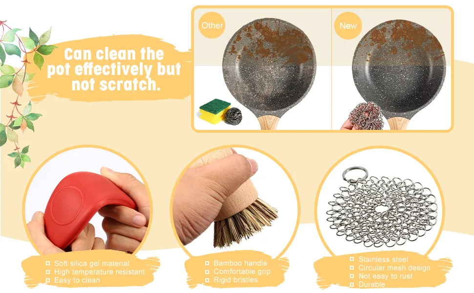 7 Pieces Cast Iron Cleaner Set Include Stainless Steel Chainmail Scrubber with Bamboo Dish Scrub Brush Hot Handle Holder 2 Pan Grill Scrapers Kitchen Towel Wall Hook - product information 3