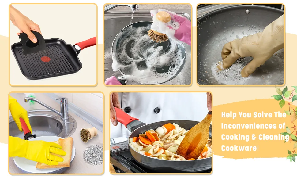 7 Pieces Cast Iron Cleaner Set Include Stainless Steel Chainmail Scrubber with Bamboo Dish Scrub Brush Hot Handle Holder 2 Pan Grill Scrapers Kitchen Towel Wall Hook - product information 4
