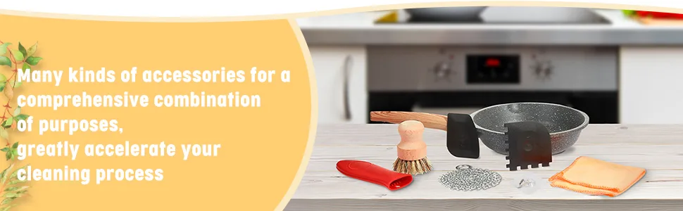 7 Pieces Cast Iron Cleaner Set Include Stainless Steel Chainmail Scrubber with Bamboo Dish Scrub Brush Hot Handle Holder 2 Pan Grill Scrapers Kitchen Towel Wall Hook - product information 5
