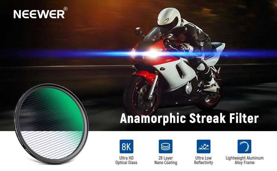 NEEWER 77mm Blue Streak Filter, HD Optical Glass 360 Rotatable Anamorphic Flare Special Effects Lens Filter, 28 Layer Multi Resistant Coated Aluminum Alloy Frame - product information 1