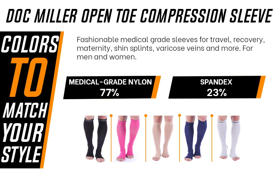 Doc Miller Open Toe Compression Socks for Women & Men 8-15 mmHg, 1 Pair, Support Shin Splints, Varicose Veins Recovery Skin Large - socks compression women men knee high stockings mens circulation pack long para travel foot cotton