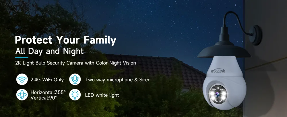 WOOLINK 2K Wireless Light Bulb Security Camera - 2.4Ghz WiFi Light Bulb Camera for Home Security, Smart Surveillance Camera Bulb, Color Night Vision, Motion Detection, Cloud/SD Card Storage - 2k light bulb camera