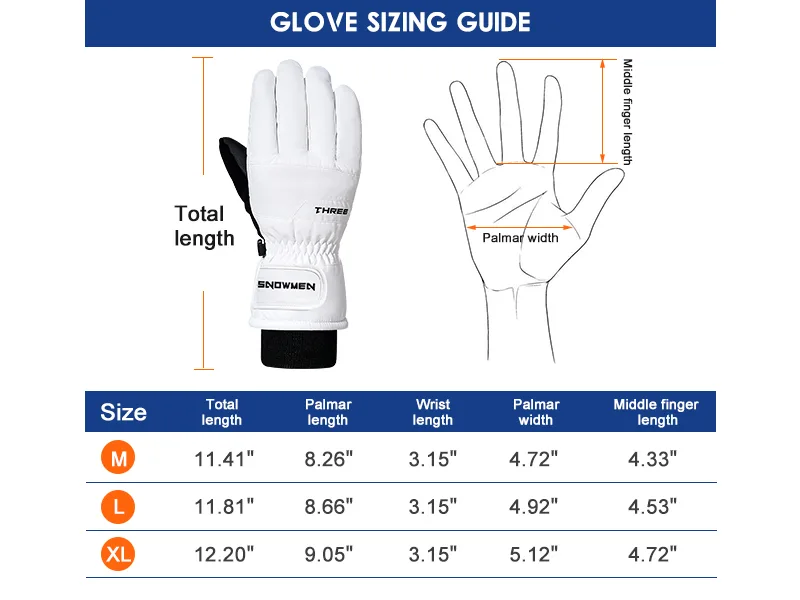 Winter Ski Snow Gloves for Men Women Touchscreen Waterproof Gloves for Winter Large White - Size Chart