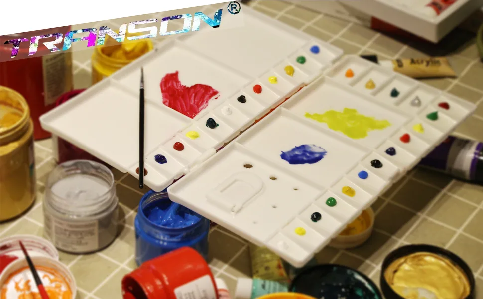 Transon Paint Palette Box 33 Wells for Mixing Gouache, Acrylic and Oil Paint with 1 Paint Brush - color paint mixing