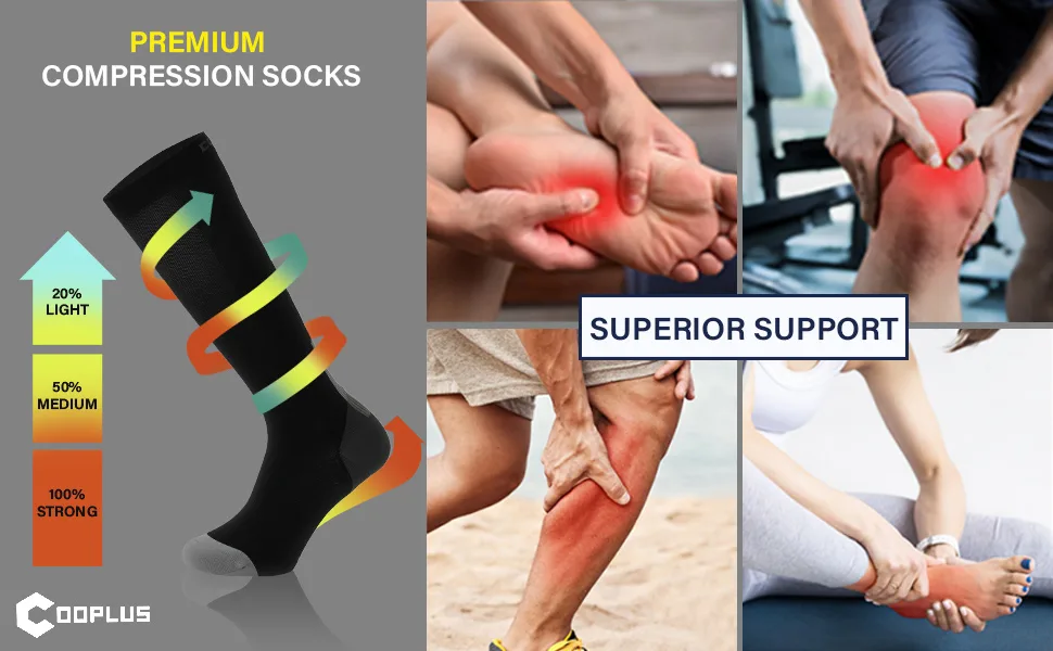 COOPLUS Compression Socks for Women Men 20-30 mmhg Circulation Support Knee High Socks for Nurse Running Athletic 3 Pairs-black Multicolor Large-X-Large - compression socks for women men 20-30 mmhg knee high