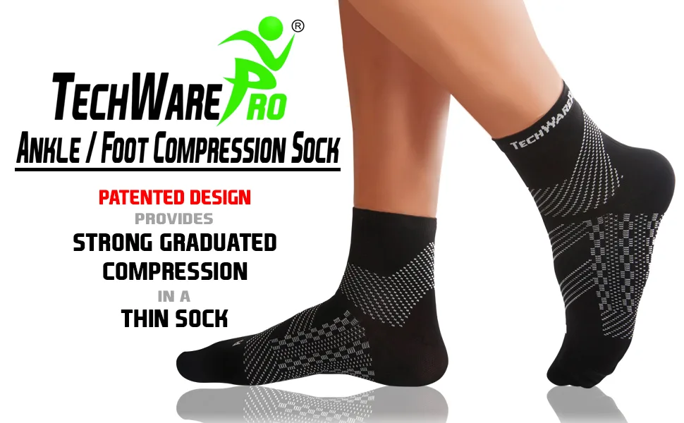 TechWare Pro Plantar Fasciitis Socks - Ankle Compression Socks for Women & Men. Achilles Tendonitis Brace & Foot Arch Support Large Black / Gray - Ankle Compression Sock Plantar Fasciitis Sock