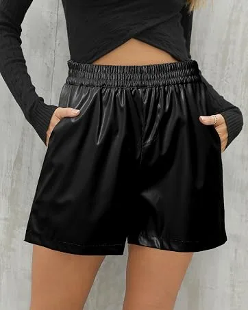 KISSMODA Womens Summer Shorts Leopard/Camo/Solid/Floral Print Elastic Waist Pocketed Casual Pants 1-black Large - 7219
