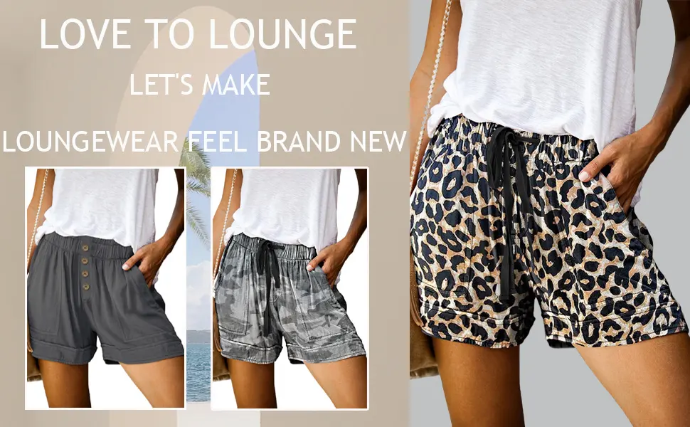 KISSMODA Womens Summer Shorts Leopard/Camo/Solid/Floral Print Elastic Waist Pocketed Casual Pants 1-black Large - sumer beach shorts 2