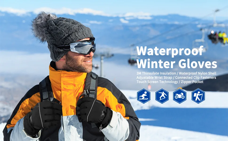 Achiou Winter Ski Gloves Waterproof for Men Warm Touchscreen Black + Grey Large - Achiou Gloves