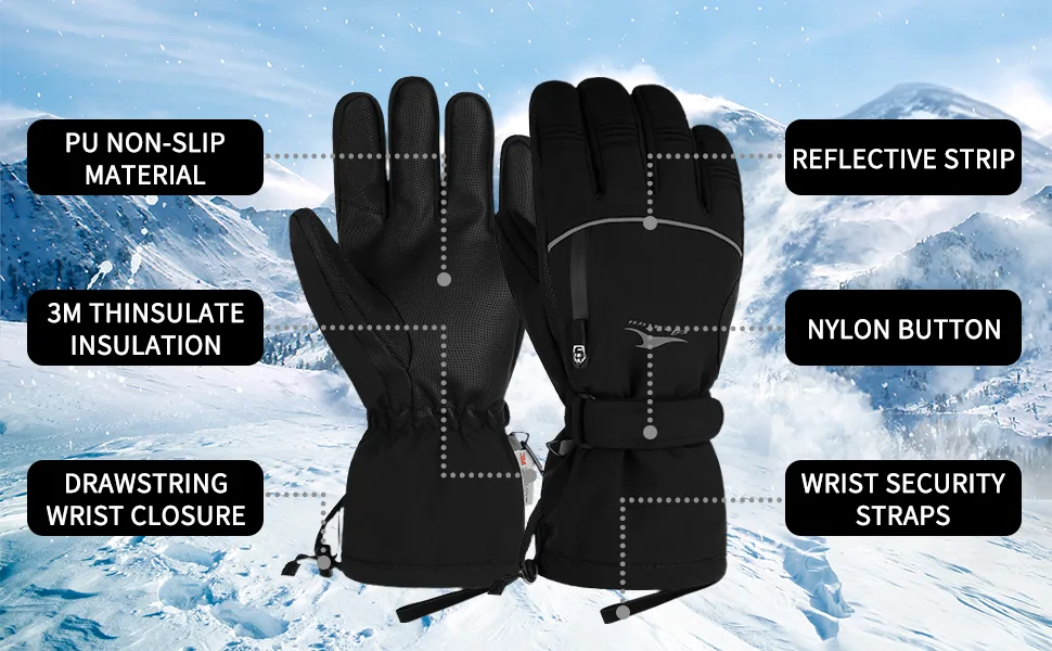 Achiou Winter Ski Gloves Waterproof for Men Warm Touchscreen Black + Grey Large - Achiou Gloves