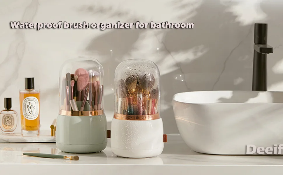 DEEIF Makeup Brush Holder Organizer with Lid 360 Rotating Dustproof Makeup Brushes Organizer for Vanity (Pearl White) - brush holder