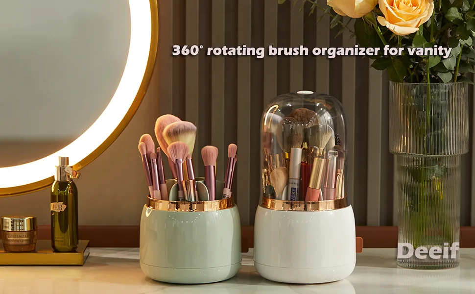 DEEIF Makeup Brush Holder Organizer with Lid 360 Rotating Dustproof Makeup Brushes Organizer for Vanity (Pearl White) - brush organizer