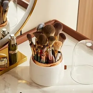 DEEIF Makeup Brush Holder Organizer with Lid 360 Rotating Dustproof Makeup Brushes Organizer for Vanity (Pearl White) - makeup brush holder