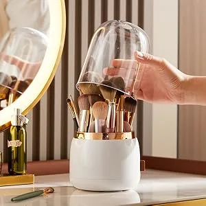 DEEIF Makeup Brush Holder Organizer with Lid 360 Rotating Dustproof Makeup Brushes Organizer for Vanity (Pearl White) - makeup brush holder