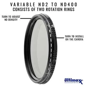 49mm ND Filter Ultimaxx 49mm ND2-ND400 Fader Variable Neutral Density Adjustable Lens Filter Dynamic ND Filter Optical Glass - Ultimaxx 49MM VARIABLE NEUTRAL DENSITY FILTER ND2-ND400