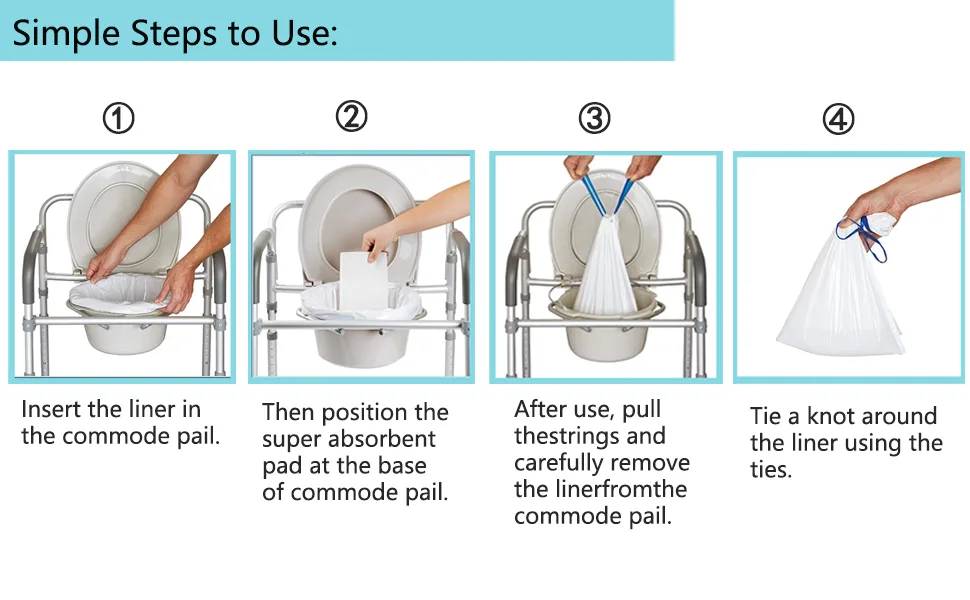 Commode Liners Pads(60Pads+60Bags) Disposable Commode Liners,with Super Absorbent Pad,Fit All Standard Toilet Chair Bucket,Keep The Liquid Under Control,No Leaks Reduces Odor - Simple Steps to Use