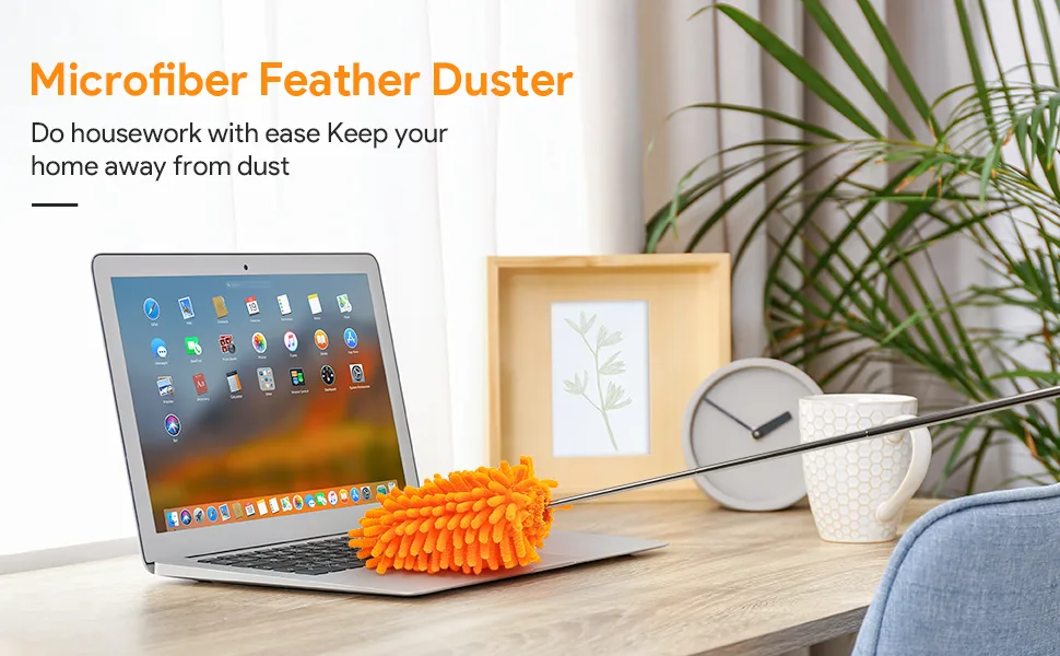 Microfiber Duster for Cleaning, DELUX Feather Duster Extendable Duster with Extra Long Pole, 2pcs Replaceable Brush Head, Washable Dusters for Cleaning Office, Car, Window, Furniture, Ceiling Fan Orange - duster