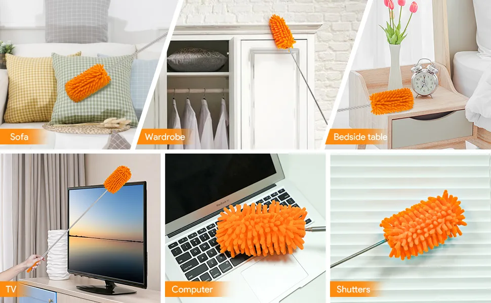Microfiber Duster for Cleaning, DELUX Feather Duster Extendable Duster with Extra Long Pole, 2pcs Replaceable Brush Head, Washable Dusters for Cleaning Office, Car, Window, Furniture, Ceiling Fan Orange - Microfiber Duster