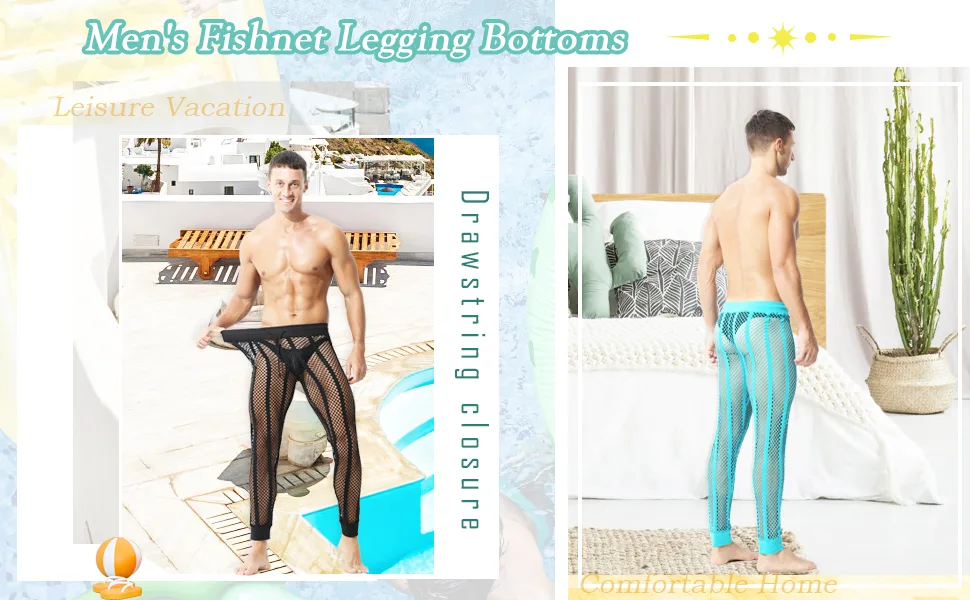 YUFEIDA Men's Fishnet Pants Drawstring Bottoms Low Rise Mesh Leggings Muscle Fit Long Pants See Through Thermal Bottoms Black X-Large - product information 1