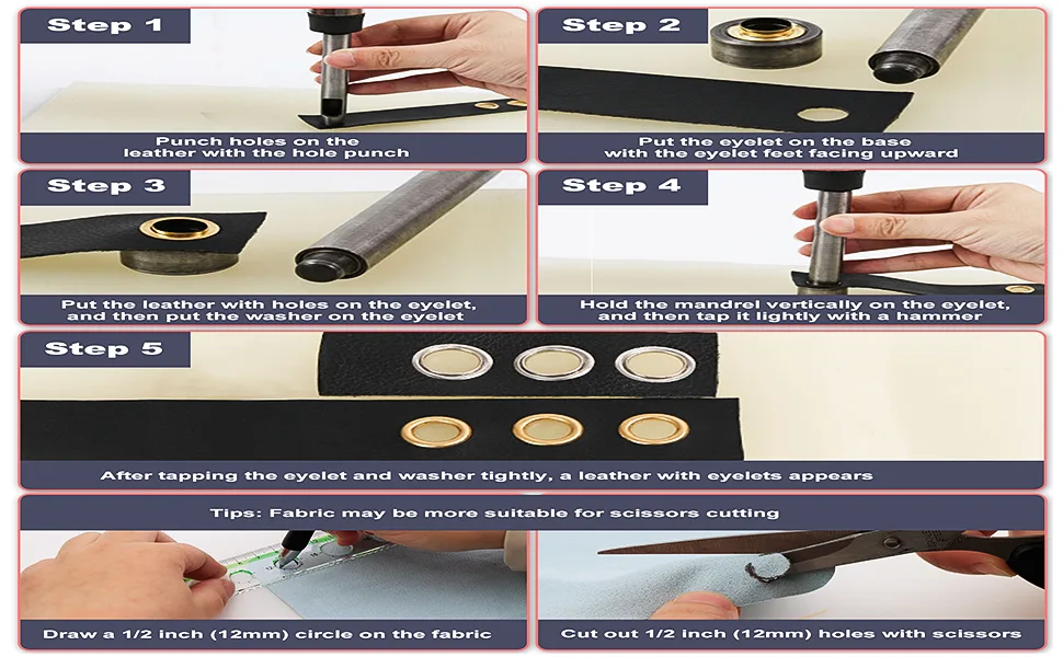 150 Sets 1/2 inch Grommet Tool Kit,Bronze Metal Grommet Kit,Eyelet Kit with Hole Punch for Leather, Fabric, Curtain - install instruction