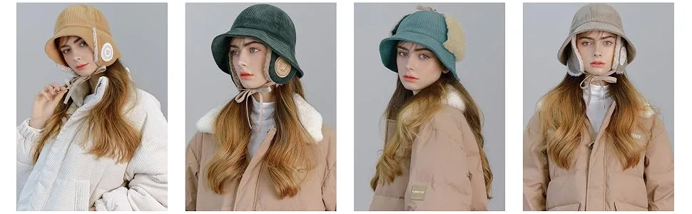 Corduroy Earmuff Bucket Hat Sunny Ear Flaps Chin Strap Trapper Trooper Hat Beige - sunny