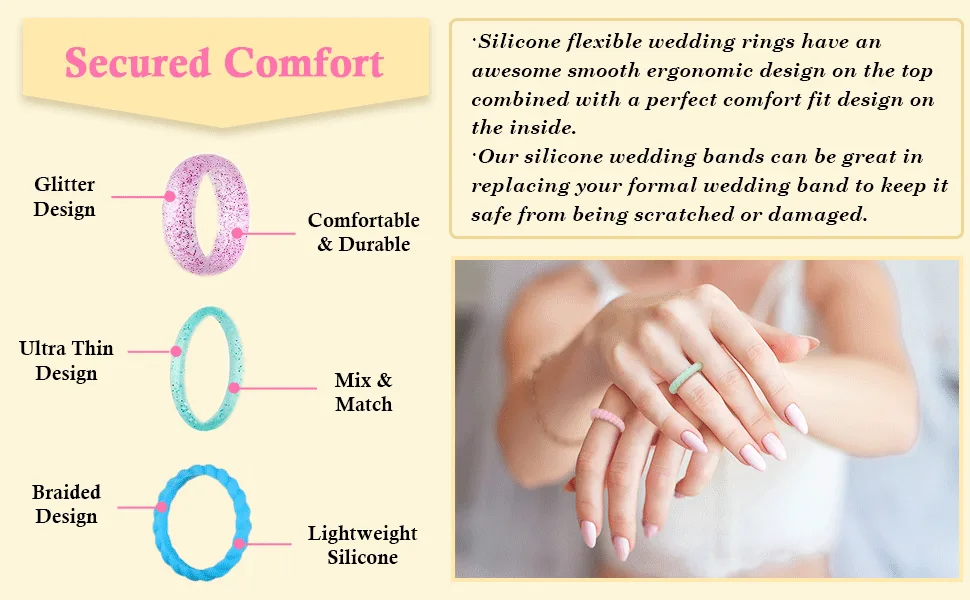 Hicarer 20 Pieces Silicone Wedding Ring for Women, Thin Stackable Silicone Ring Wide Glitter Rubber Wedding Bands for Wedding Sport Supplies 7 (17.3 mm) - product information 3