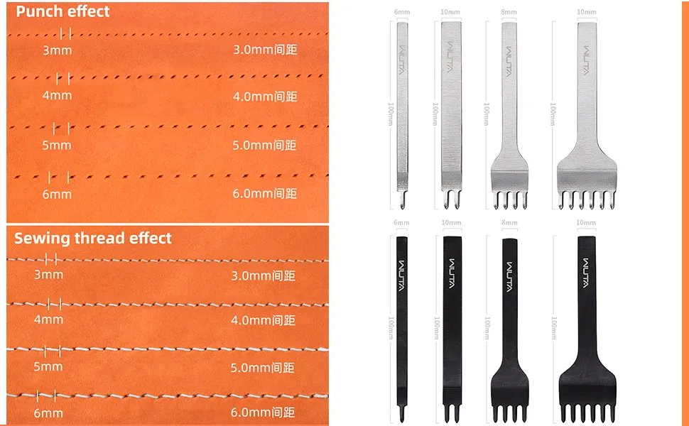 WUTA Leather Hole Punch Tool Pricking Iron Hole Punche 6mm 1/2/4/6 Prong Tooth Lacing Diamond Stitching Chisel Set for DIY Leather Craft Kits (Silver) Silver 6mm 1/2/4/6 - Leather Chisel Hole Punch Tool